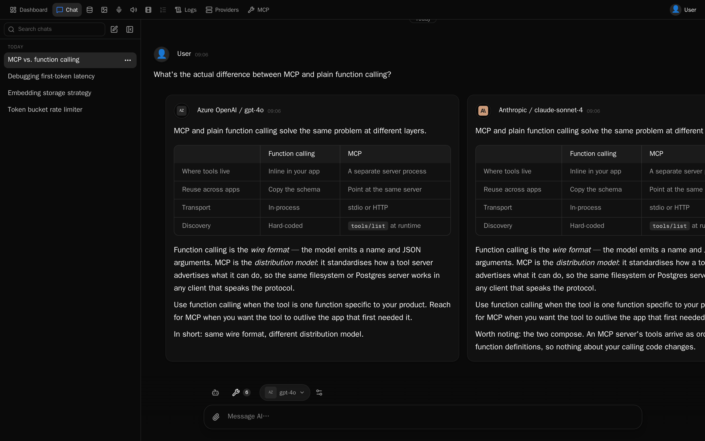 Three models answering the same prompt side by side