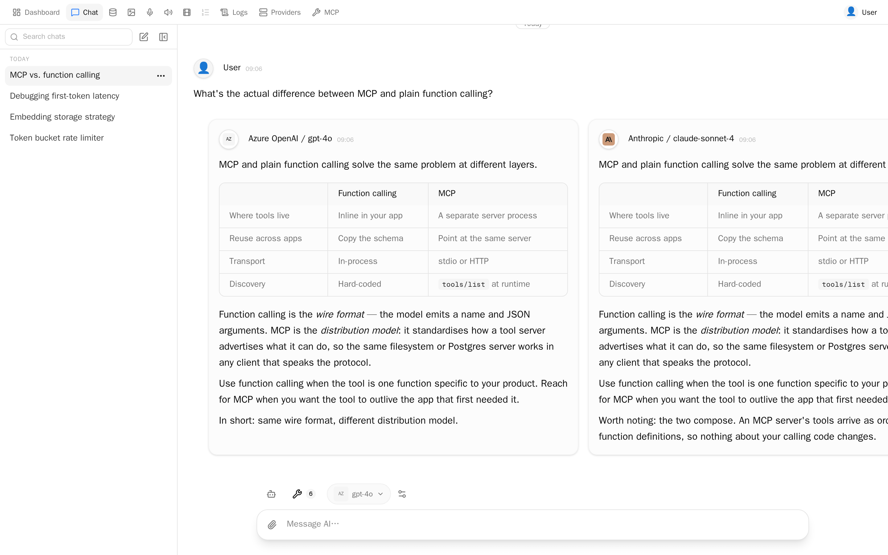 Three models answering the same prompt side by side